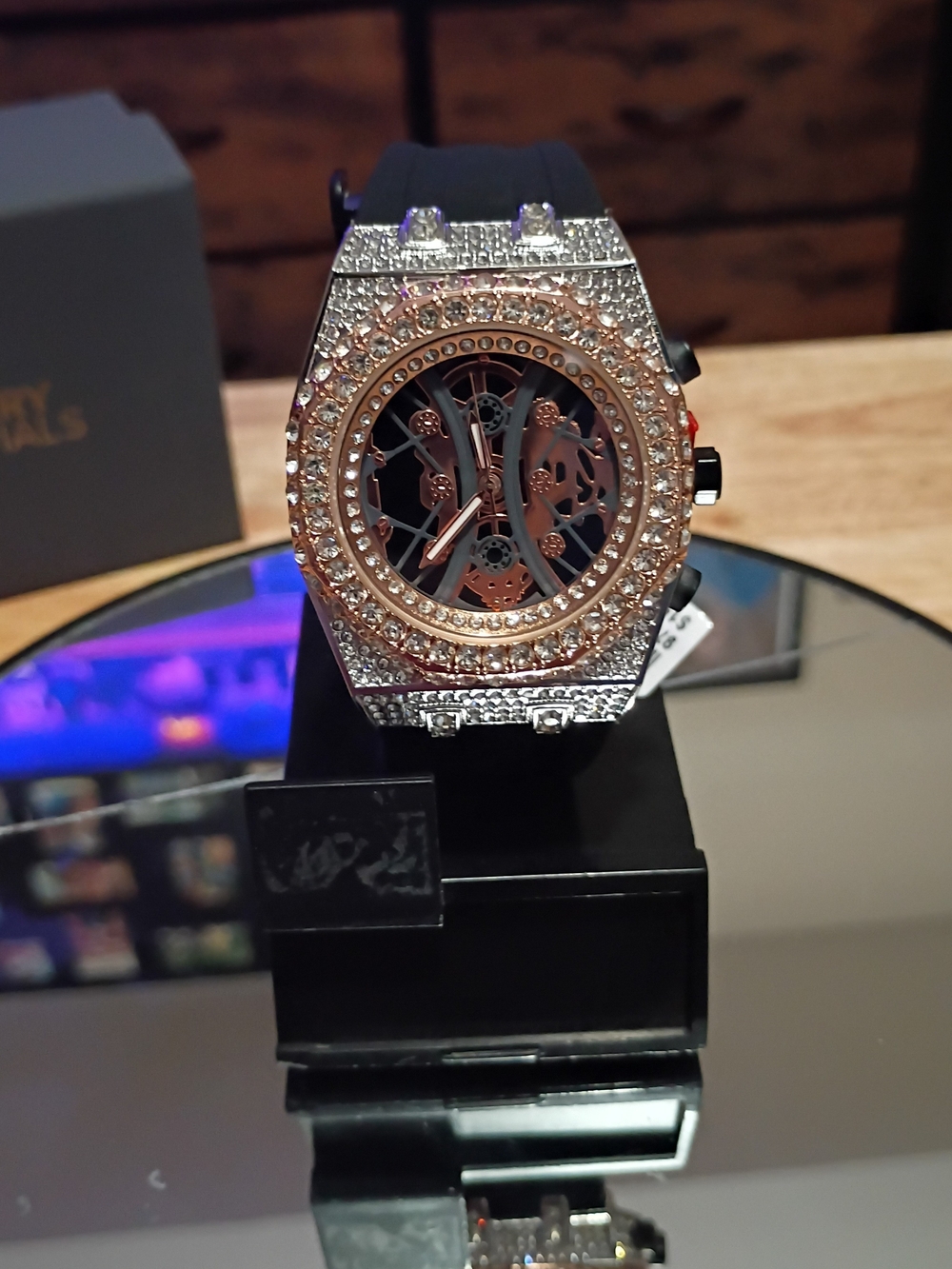 Men's Black and Rose Gold moissanite Skeleton Watch